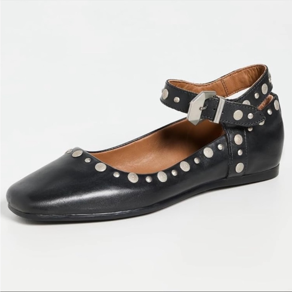 Free People Mystic Mary Jane black leather stud ankle strap square toe flats